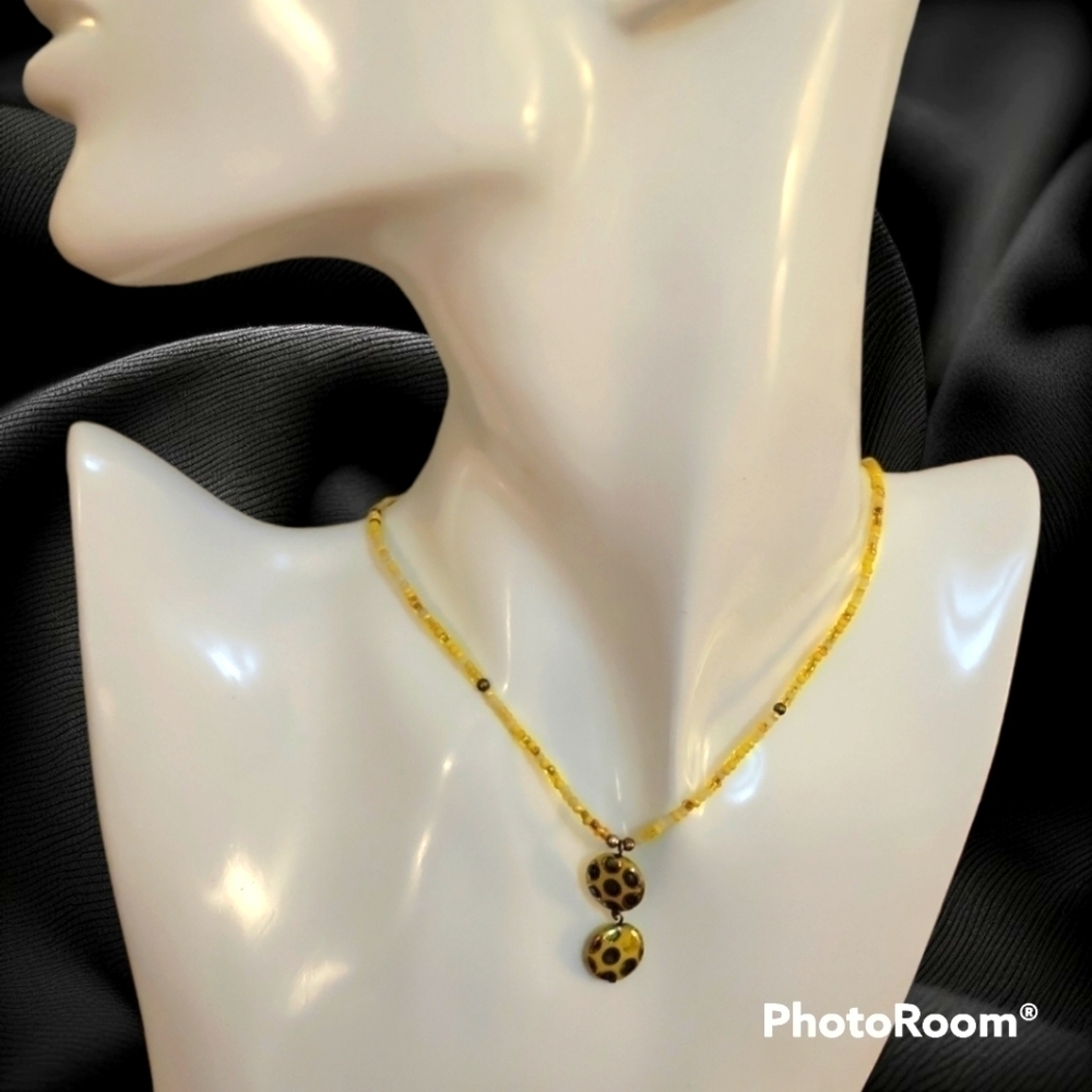 HANDMADE Dainty Canary Yellow Circle Pendant Beaded Necklace
